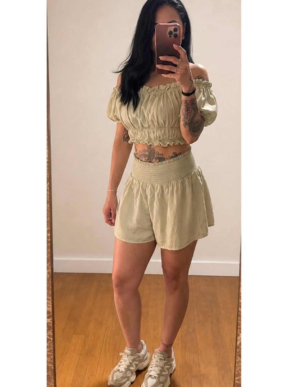 Love Tree Cream High-Waist Smocked Short Set. Size L but it runs a bit small.